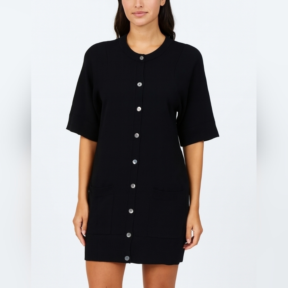 $365 Vince Cashmere Crew Button Short Sleeve Cardigan Sweater In Black Small